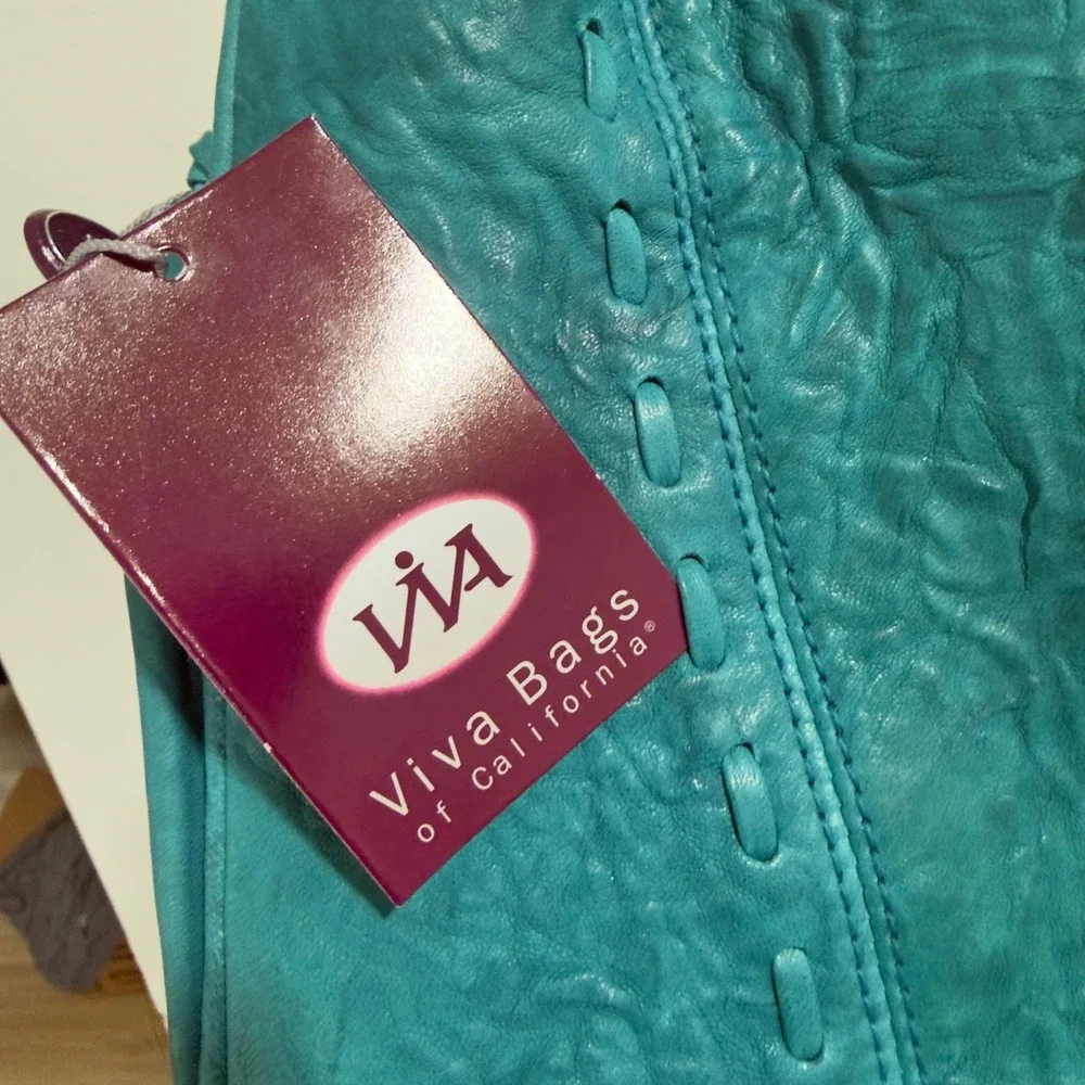 Viva of California Teal Leather Boho Fringe Feather Tote Bag Handcrafted USA NWT